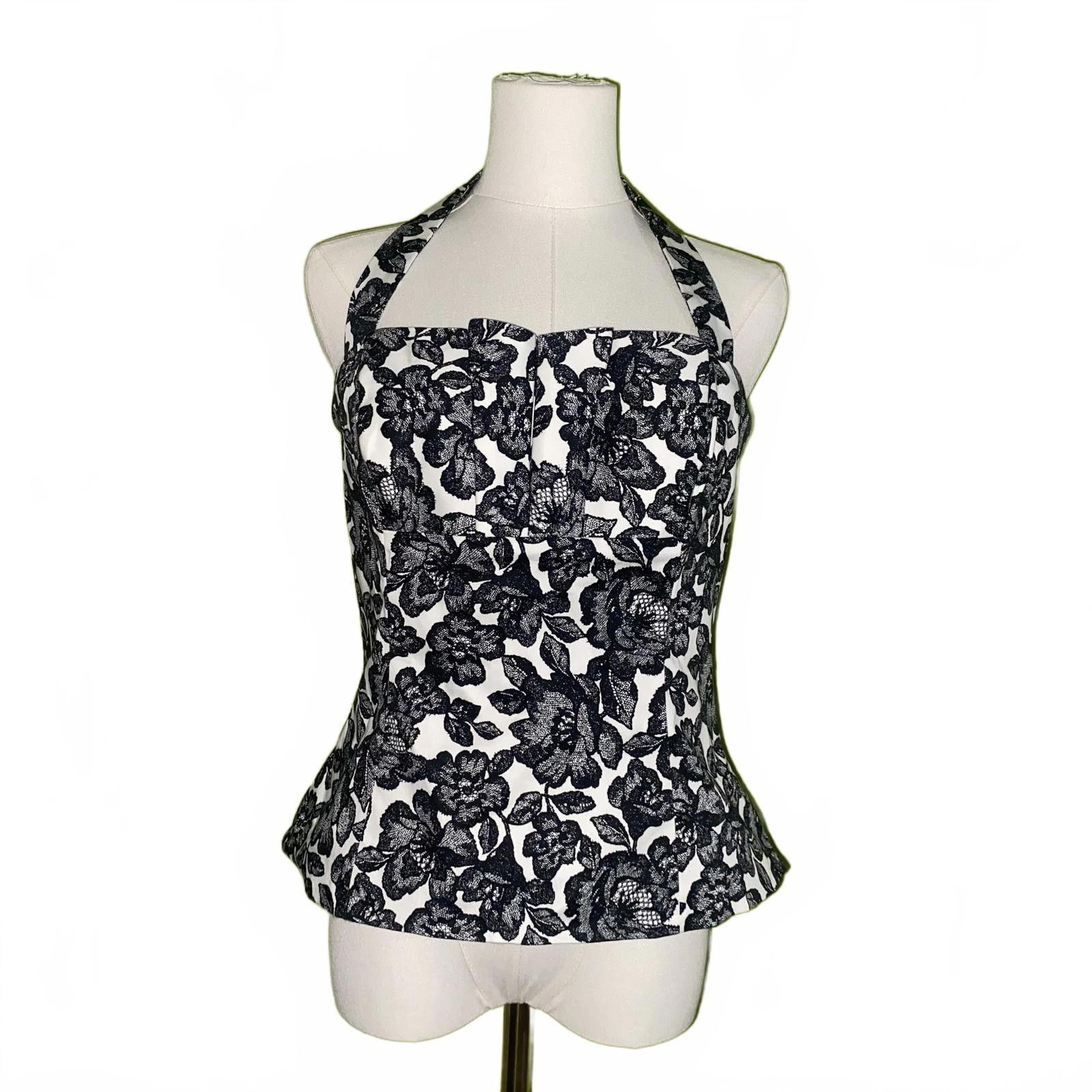 Designer White House Black Market Black Floral Halter Top 8 Elegant Size M / US 6-8 / IT 42-44 - 1 Thumbnail