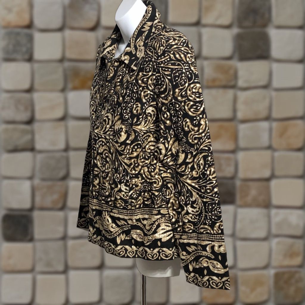 Vintage RQT Linen Jacket Size 10 Blk Gold Geo Zipper Front Long Sleeve Lined Collar Jacket Womens 10 Blk Geometric Geo Size L / US 10 / IT 46 - 1 Thumbnail