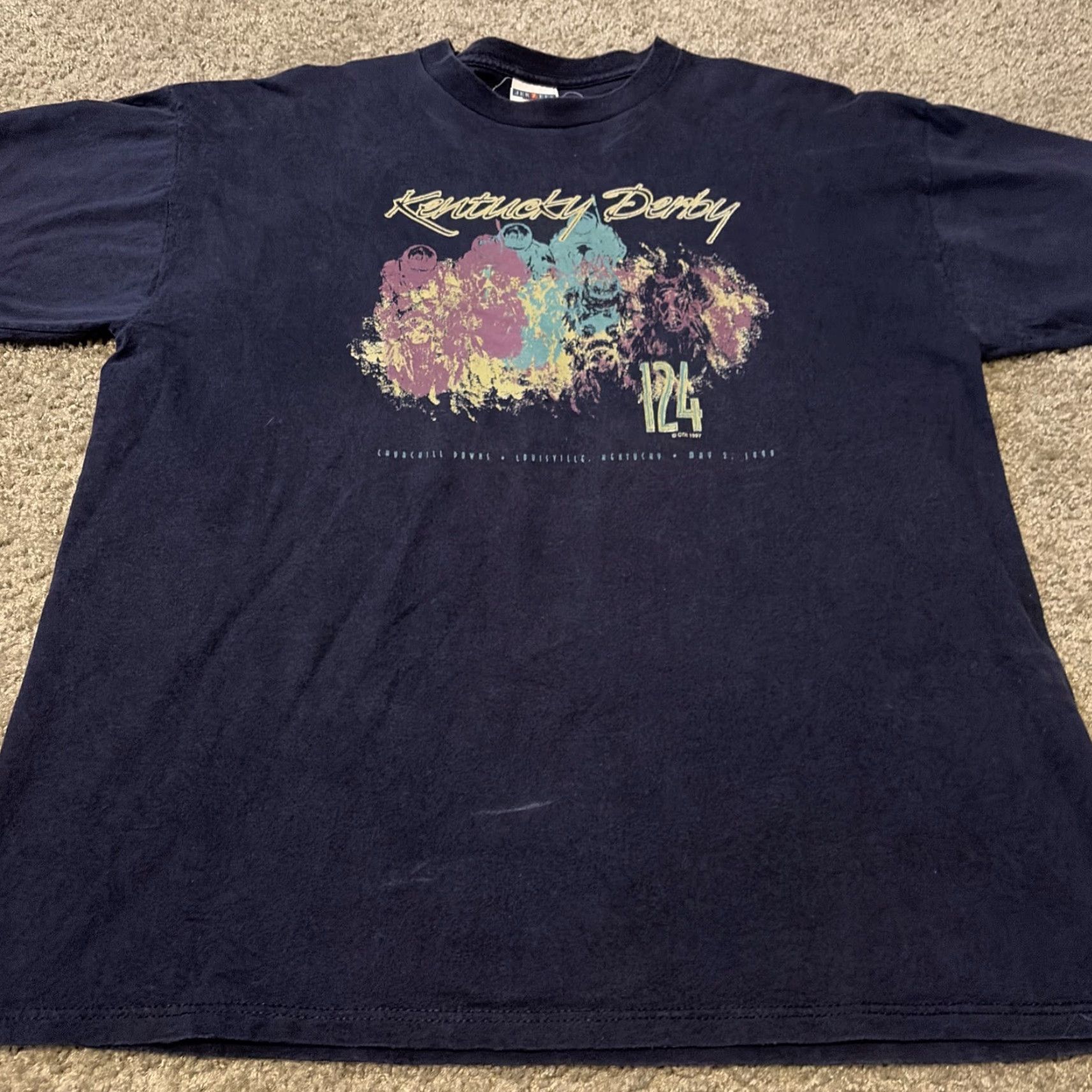 Jerzees VINTAGE Kentucky Derby Horse Racing T-Shirt XL Blue Jerzees Men Size US XL / EU 56 / 4 - 5 Thumbnail