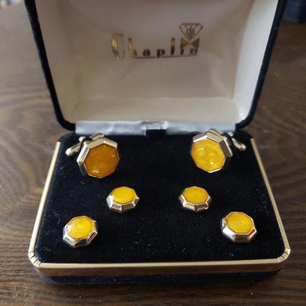 Designer Cuff links Yellow Glass, Gold Tone, Vintage Size ONE SIZE - 5 Thumbnail