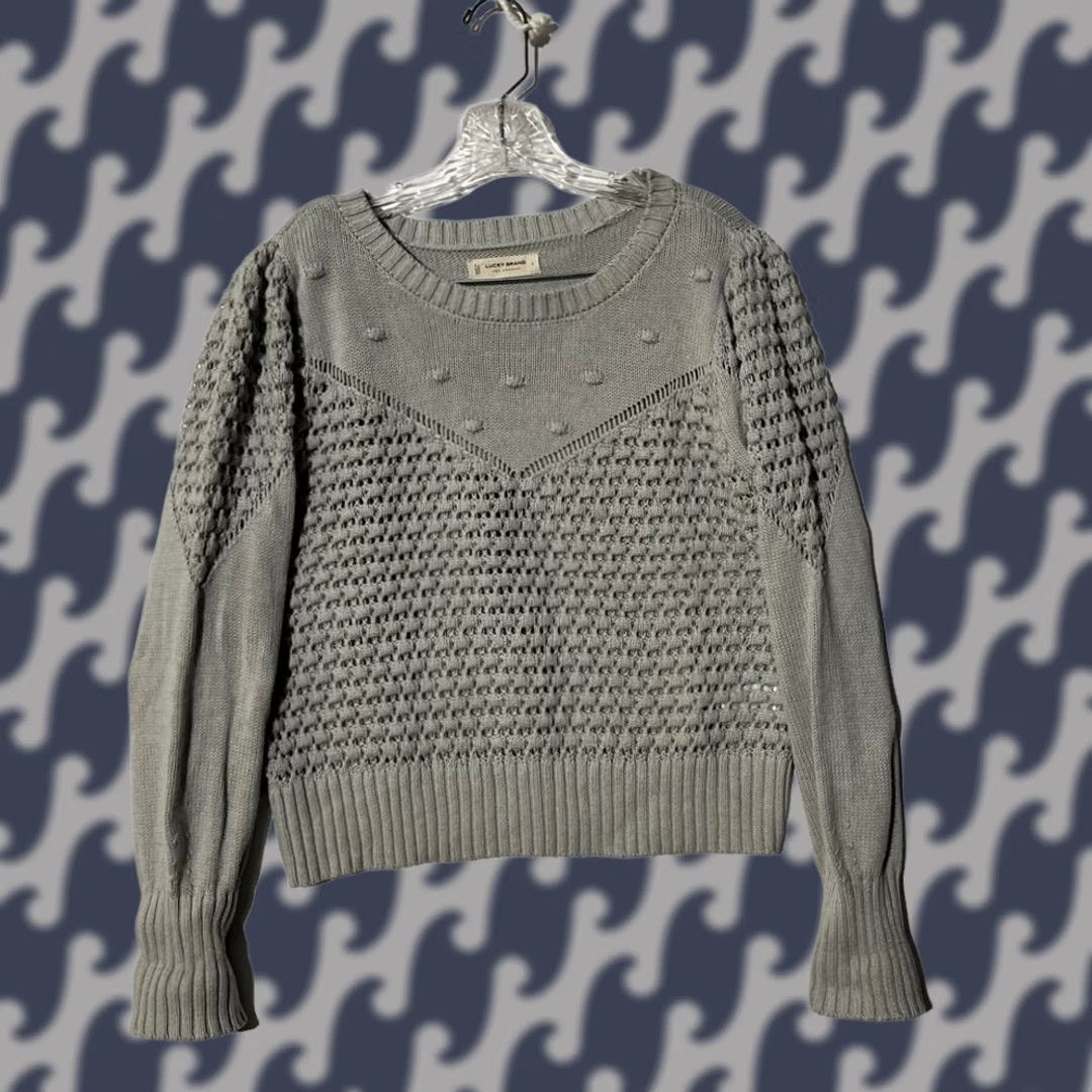 Lucky Brand Lucky Brand Gray Crochet Knit Puff Sleeve Pullover Sweater Womens Size L Size L / US 10 / IT 46 - 1 Thumbnail