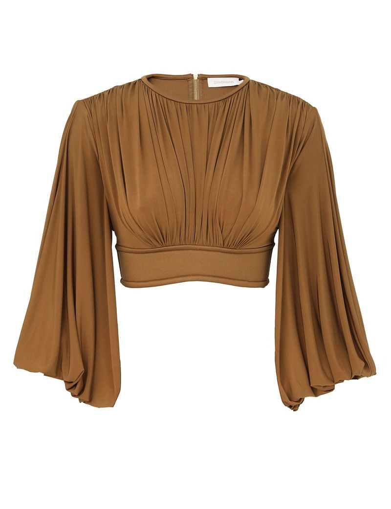 Zimmermann oc11z0226 Illuminate Batwing Bodice Crop Top in Khaki Size L / US 10 / IT 46 - 1 Thumbnail