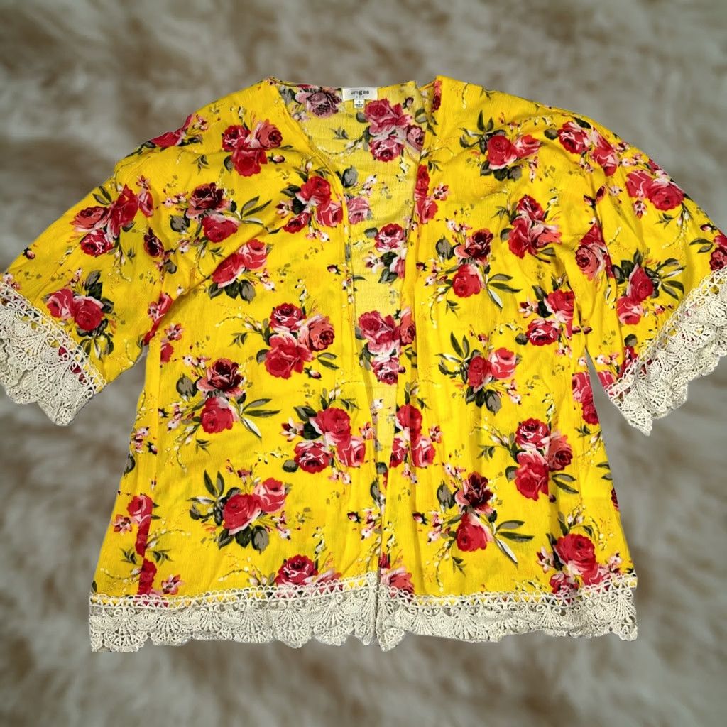 Vintage UMGEE Womens Open Front Lace Trim Kimono Top Size S Yellow Floral Print Blouse Size S / US 4 / IT 40 - 1 Thumbnail