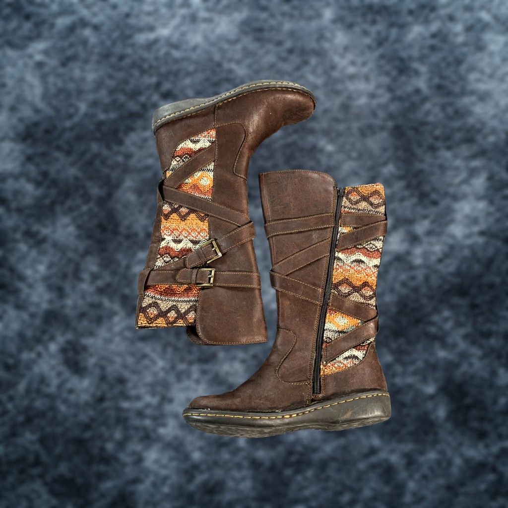Born BOC Born Concept Marghera Boots Wool Pattern Faux Brown Leather Womens 6M Knee High Flat Heel Zip Riding Boot Regular Calf Brown Size US 6 / IT 36 - 1 Thumbnail