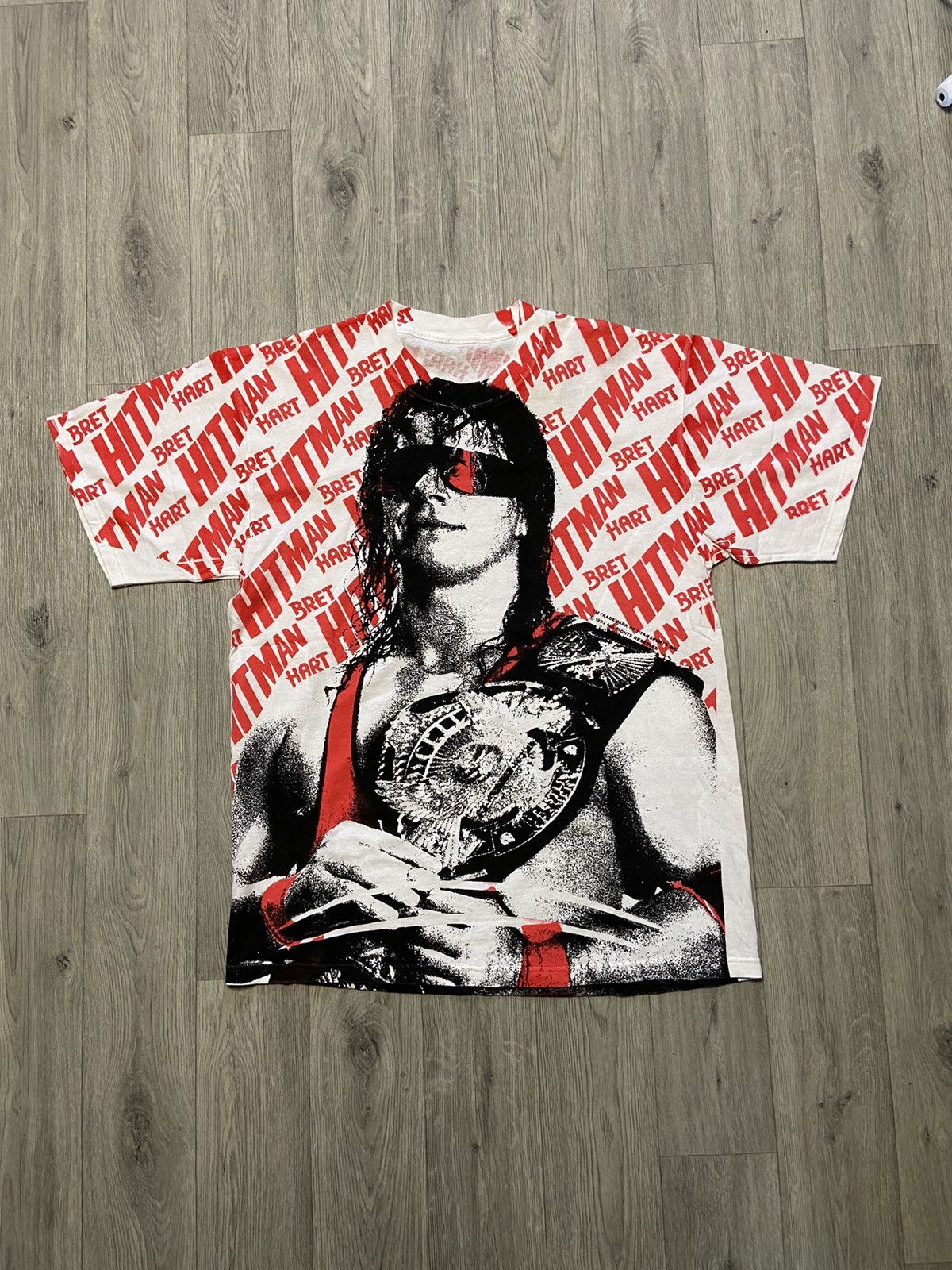 image of Vintage All Over Print Wwf Bret Hitman Hart 1993 in White, Men's (Size XL)