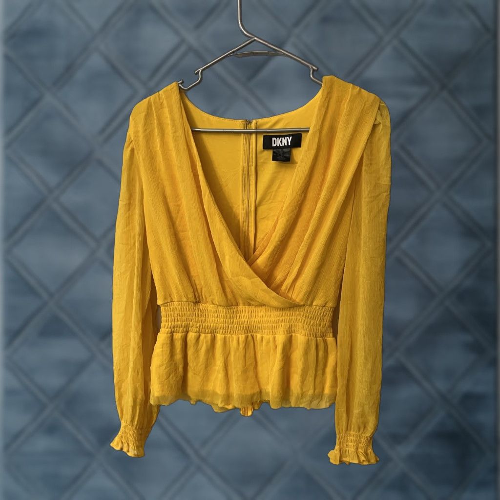 DKNY DKNY Yellow Blouse Satin V-Neck Long Sleeve Balloon Sleeve Wrap Peplum 12 Party Glam Women Sh Women’s Regular Size 12 Yellow Blouse Size XL / US 12-14 / IT 48-50 - 1 Thumbnail