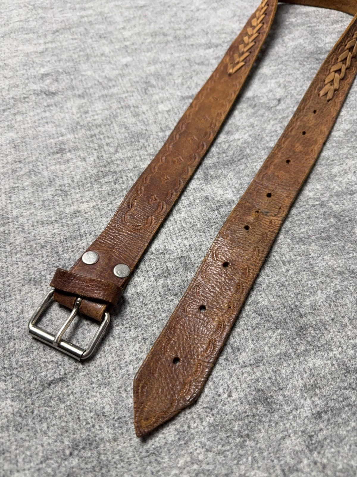 Vintage 90s Vintage Brown Tooled Leather Belt Braided Detail Western Size ONE SIZE - 4 Thumbnail