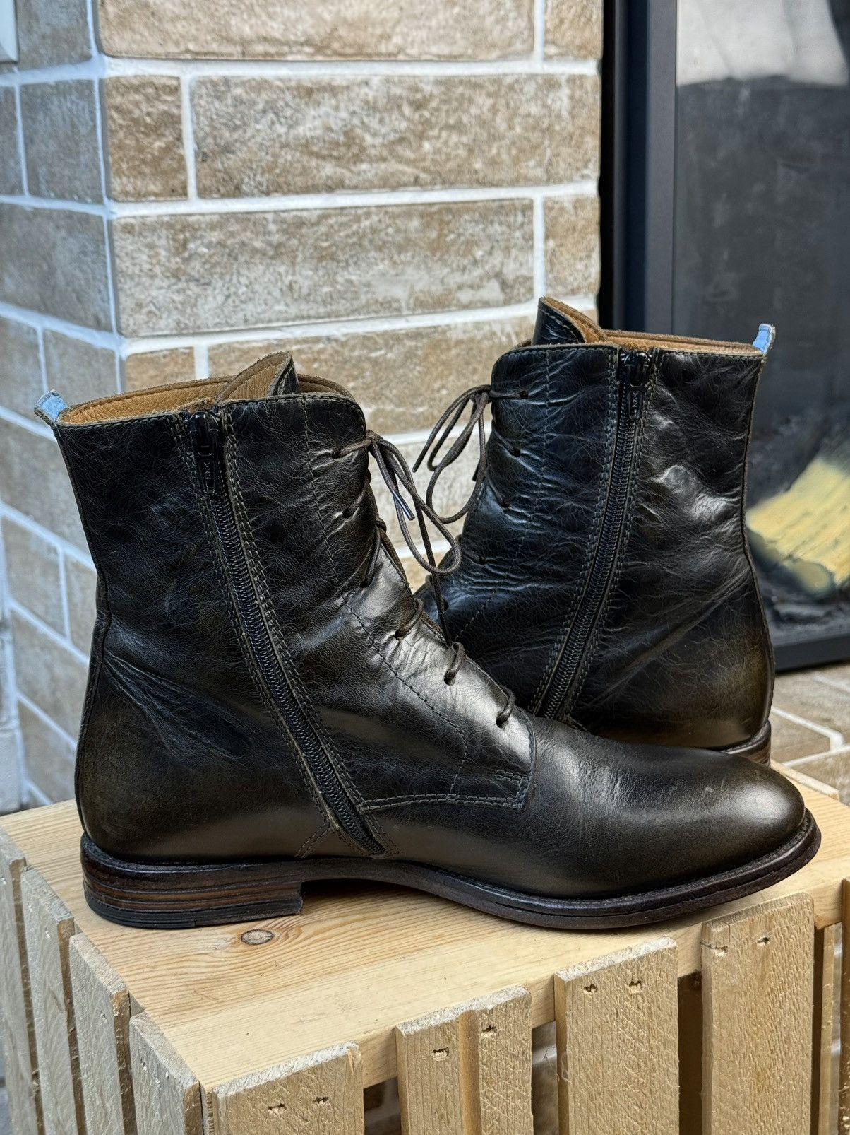 MoMA × Vintage MOMA Leather Dark Green Laced Zipped Ankle Boots Size US 8 / IT 38 - 6 Thumbnail