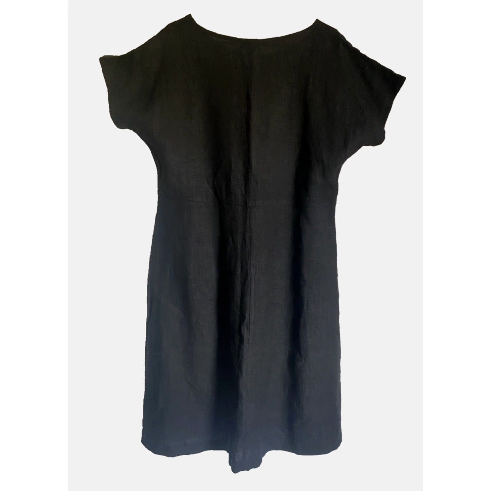 Vintage VINTAGE Frisson Women's Linen Midi Dress Short Sleeve Made in USA Sz L Black Pockets 90s Bohemian A-Line Casual Modern Classics Womens Size 36" / US 14 / IT 50 - 2 Thumbnail