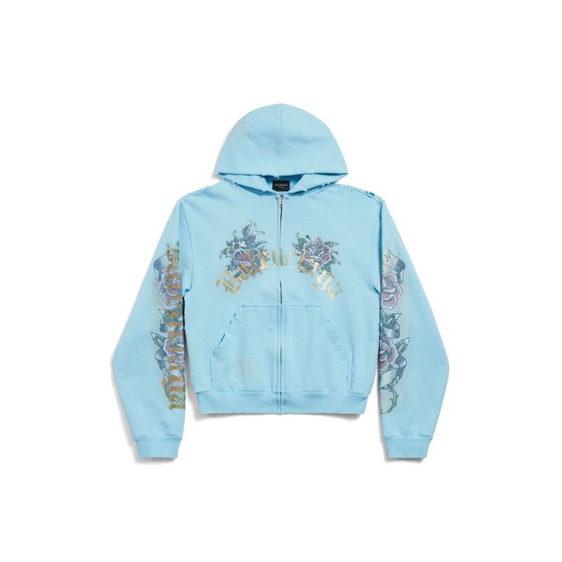Balenciaga o1tr1nto0426 Tacky Tattoo Zip-Up Hoodie Small Fit in Blue Size L / US 10 / IT 46 - 1 Thumbnail
