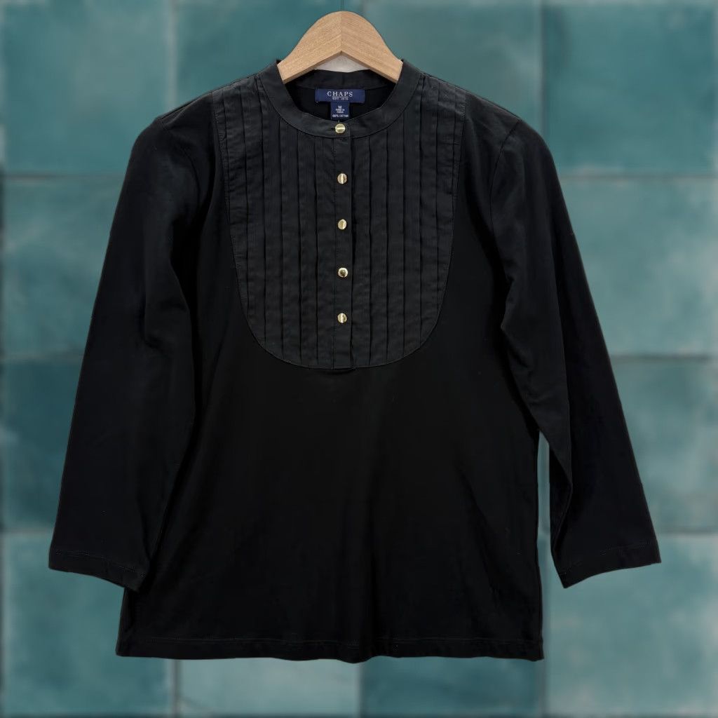 Chaps Chaps Shirt Womens M Black Pleated Bib Henley Long Sleeve Jersey Top NWT Size M / US 6-8 / IT 42-44 - 1 Thumbnail
