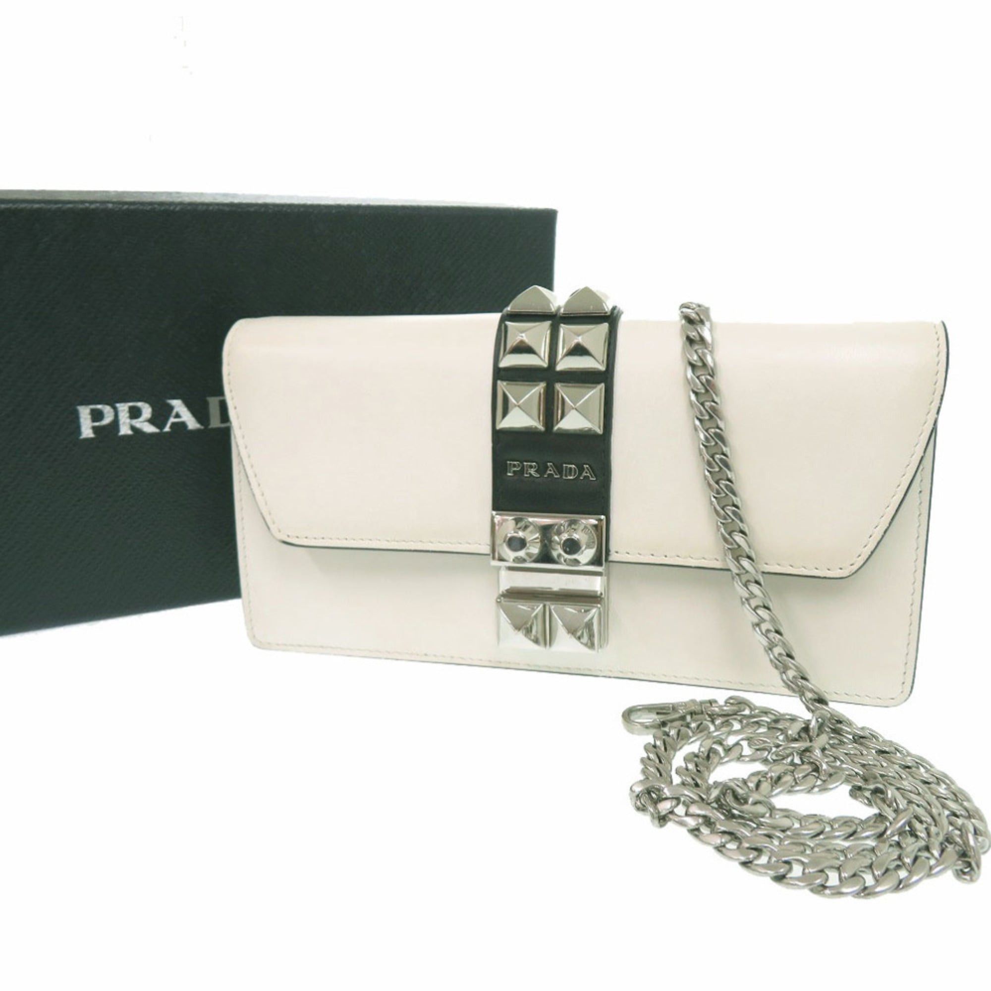 Prada Prada Studded Chain Wallet Crossbody Long in White Leather 1430 Size ONE SIZE - 1 Thumbnail