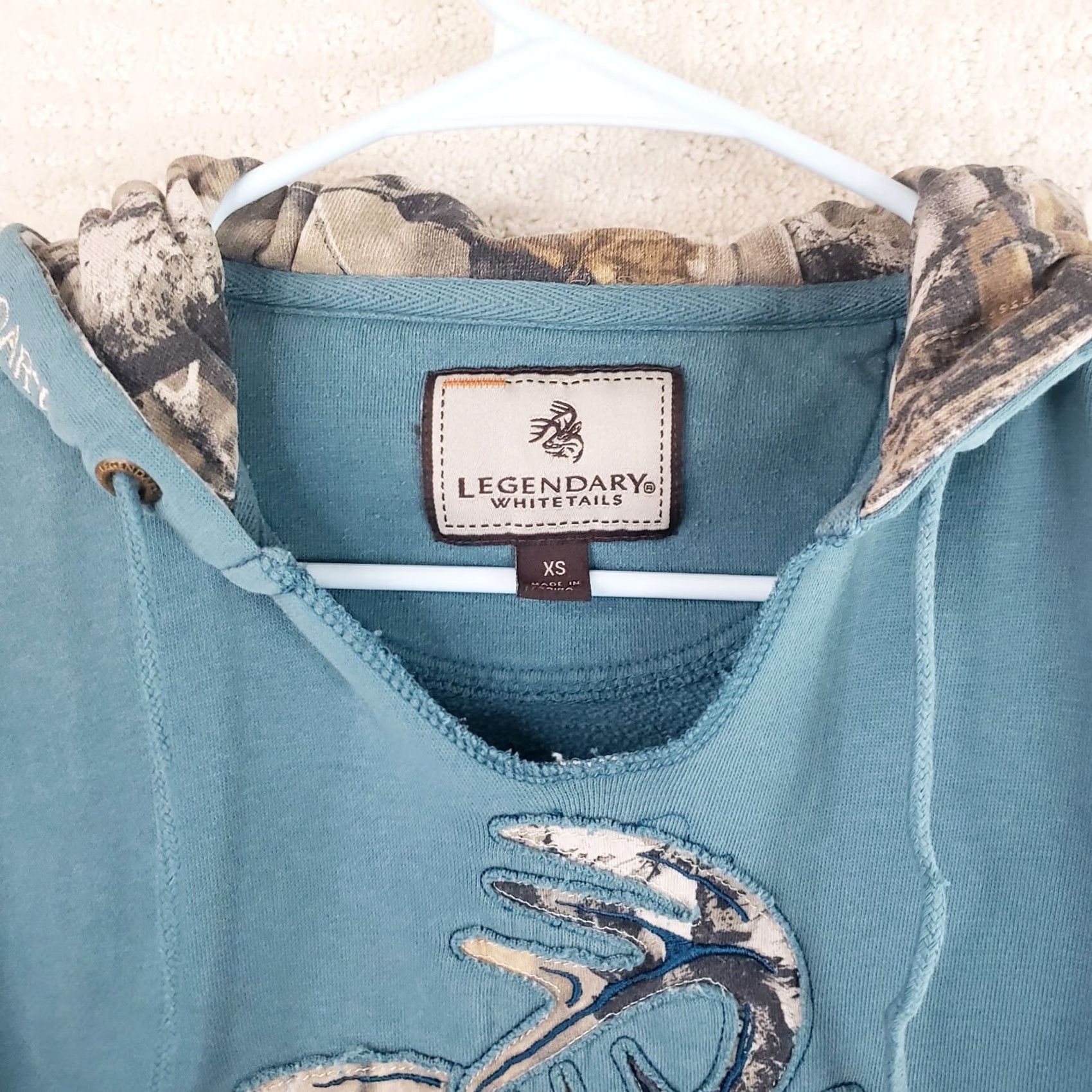 Vintage Legendary Whitetails Hoodie Mens XS Teal Camo Buck Cutout Kangaroo Pockets Nightfree? Size US XS / EU 42 / 0 - 4 Thumbnail