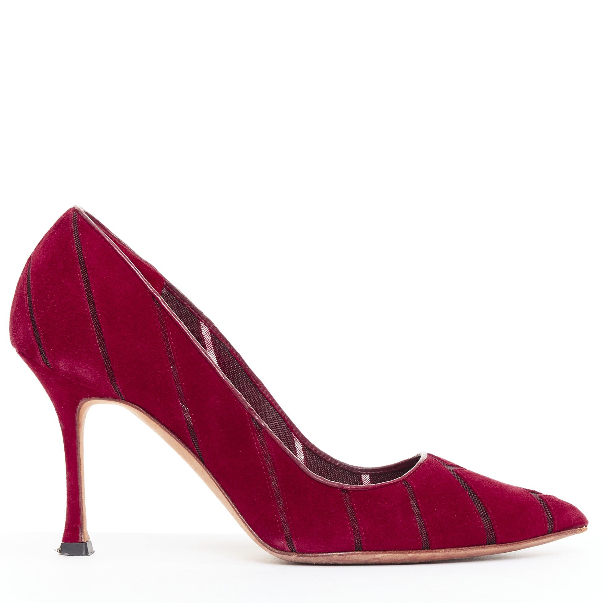 Manolo Blahnik MANOLO BLAHNIK Nadira red suede diagonal cut out mesh pumps EU37 Size US 7 / IT 37 - 1 Thumbnail