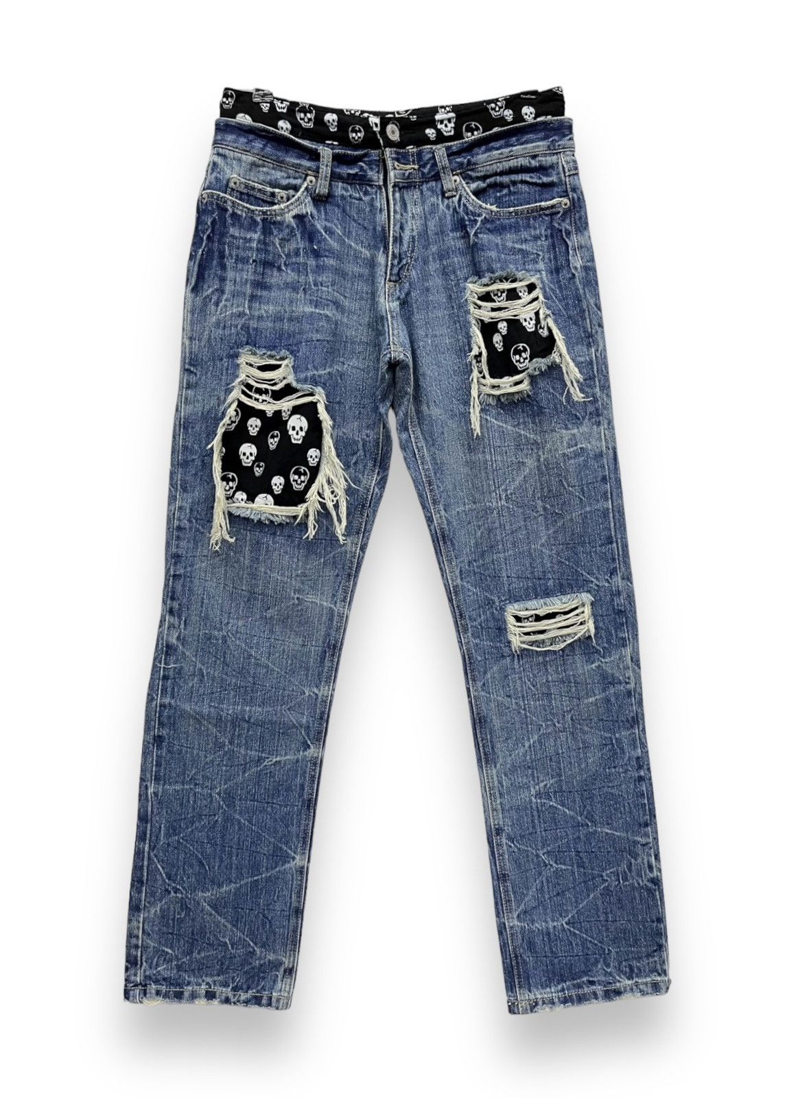 image of Playchess Skulls Grunge Double Waist Distressed Denim in Blue, Men's (Size 29)