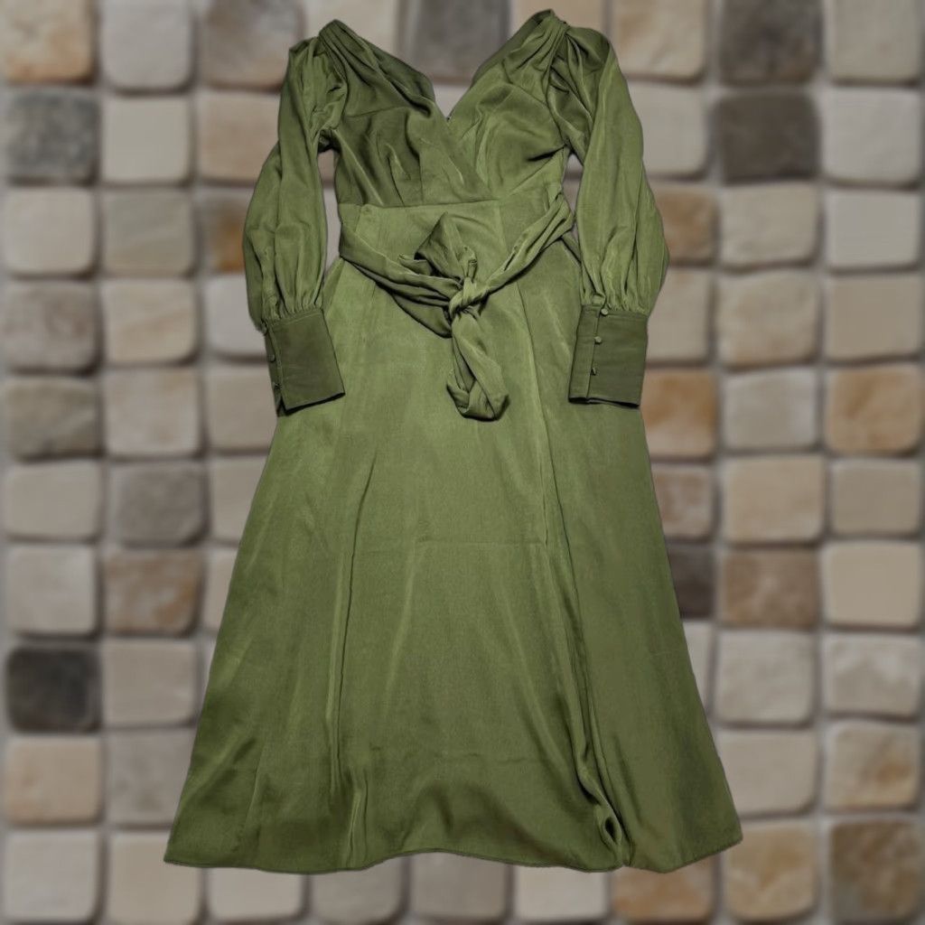VINTAGE Banana Republic Celestial Maxi Dress Womens 2 Green Tie Front  Blouson Sleeve New