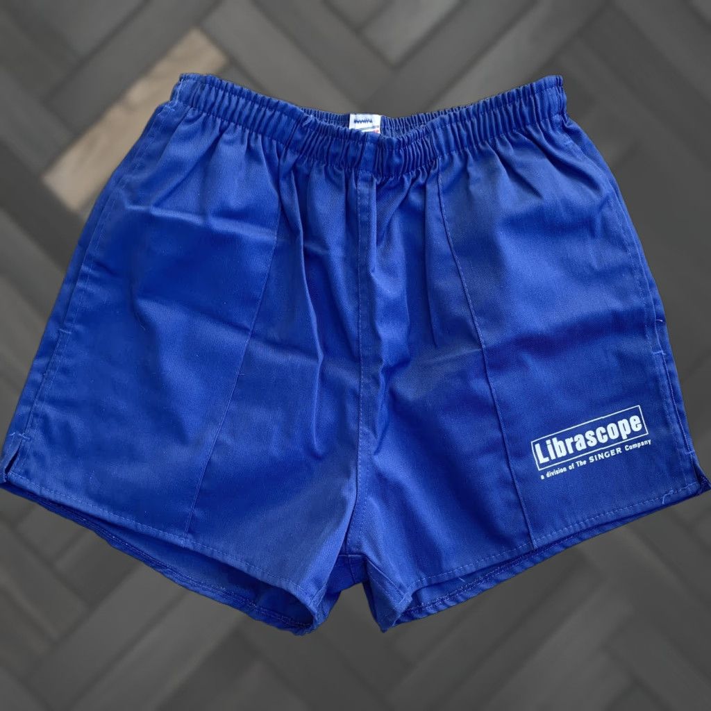 Soffe VINTAGE Soffe Shorts Unisex Adults M Blue Cotton Blend Drawstring Waist Flat Front Graphic Left Leg 32-34 12” Rise Casual Size US 31 - 1 Thumbnail