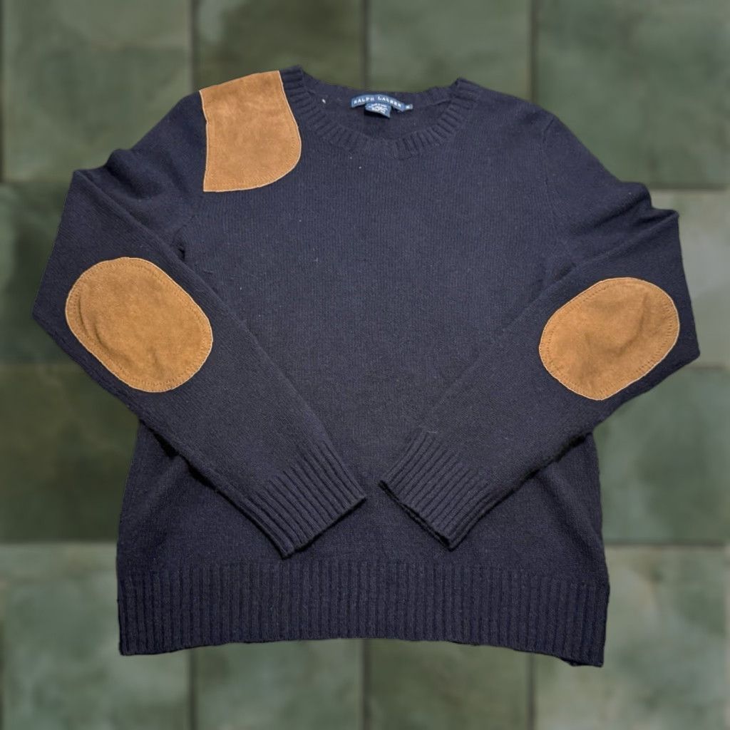 Ralph Lauren VINTAGE Ralph Lauren Sweater Unisex XL Blue Wool Angora Rabbit Hair Blend Suede Patches Pullover Size XL / US 12-14 / IT 48-50 - 1 Thumbnail