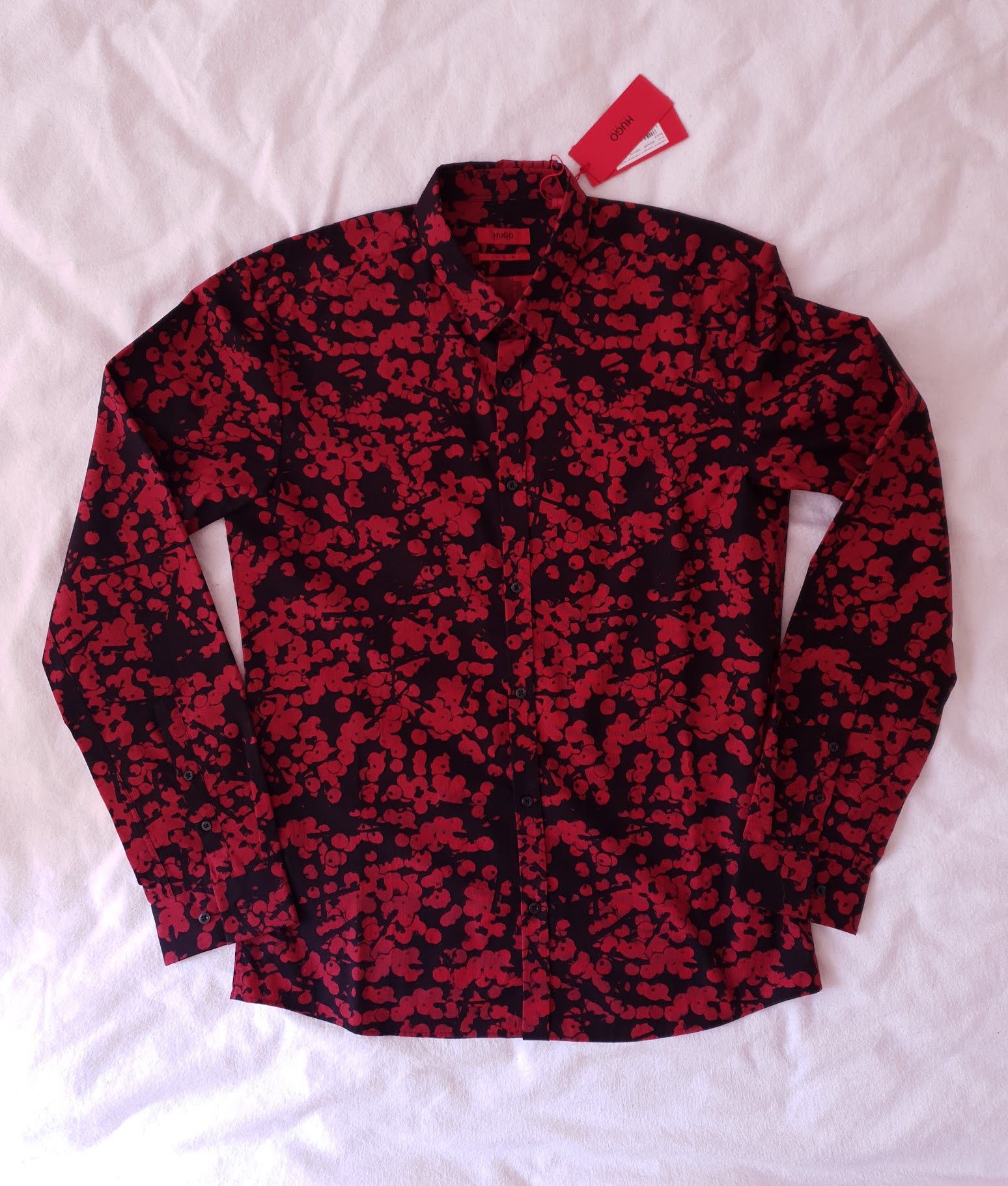 image of Hugo Boss Red / Black Cherry Blossom Floral Abstract Slim Fit Shirt, Men's (Size Large)