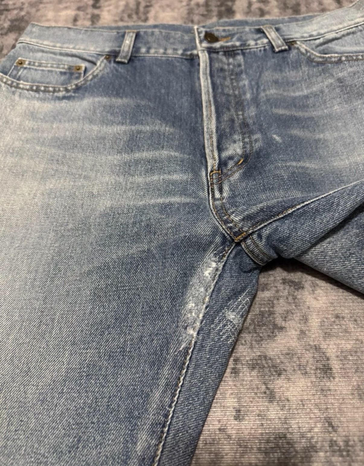 Saint Laurent Paris SLP 16SS Runway "Cat Paw" Light Blue Patch Slash Denim Jeans Size US 33 - 5 Thumbnail