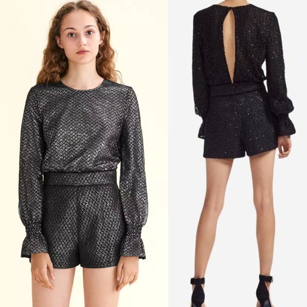 Maje NWT New $395 Maje Black Silver Long Sleeve Iana Combishort Size S / US 4 / IT 40 - 1 Thumbnail