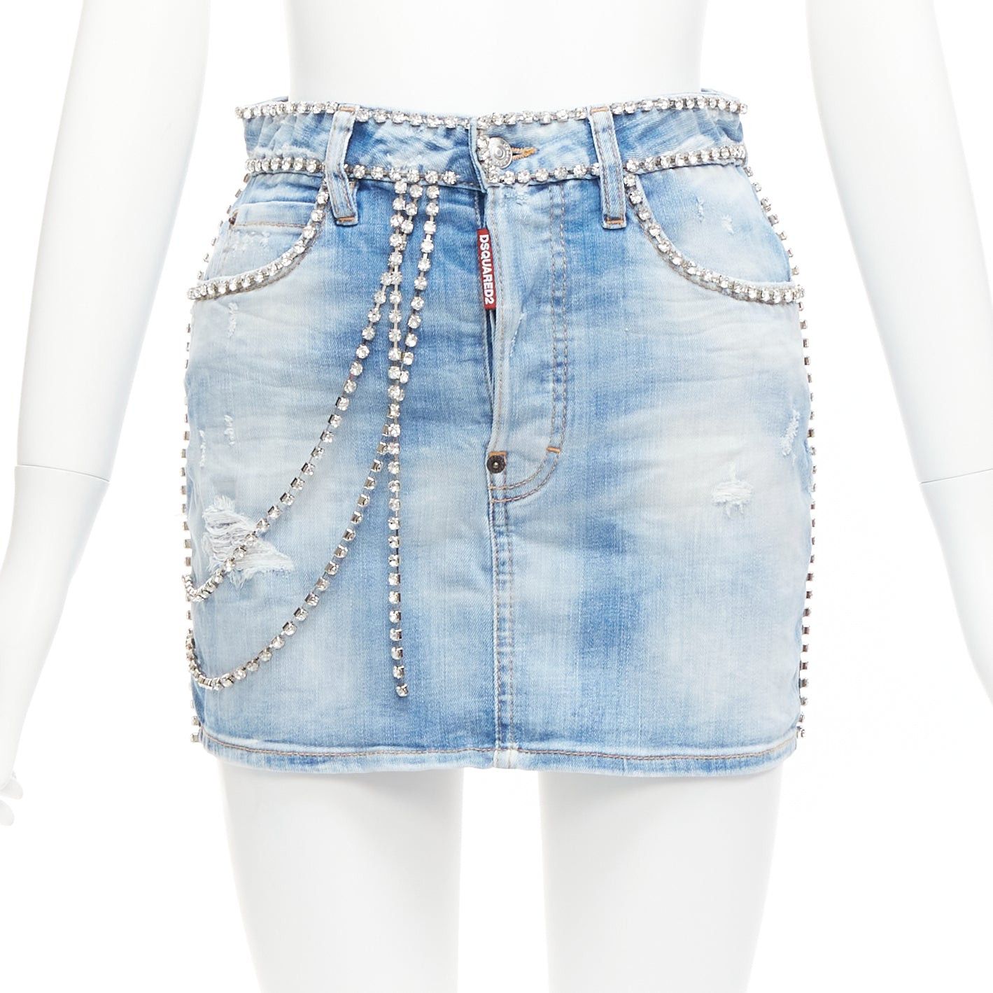 Dsquared2 DSQUARED2 blue distressed denim crystal chain embellished mini skirt IT36 S Size 25" / US 0 / IT 36 - 1 Thumbnail