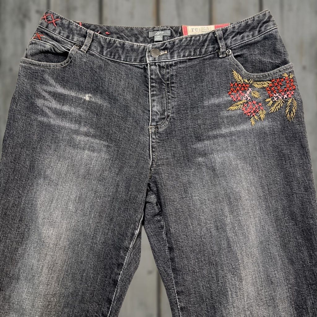 J. Jill VINTAGE J Jill Black Denim Jeans Women’s 10 Flare Embroidered Embellished Stretch 31 Inseam 5-Pocket City Hippie Bohemian Regular Womens Size 32" / US 10 / IT 46 - 1 Thumbnail