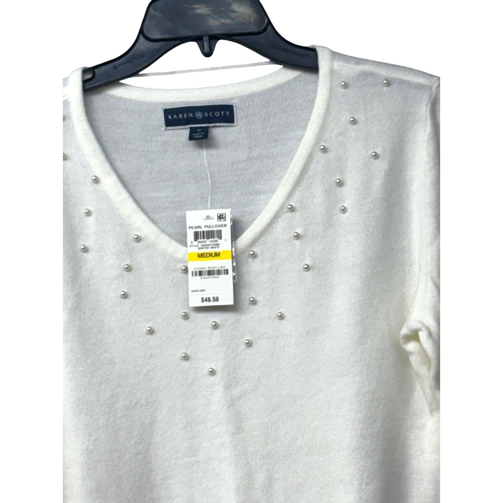 Other Karen Scott Luxsoft Faux-Pearl V-neck sweater, Winter White Size M / US 6-8 / IT 42-44 - 3 Thumbnail