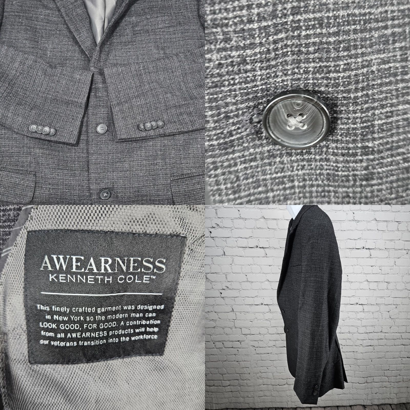 Kenneth Cole KENNETH COLE Awearness Grey Wool Stretch Slim Fit 2 Button Blazer Sport Coat 44L Size 44R - 9 Thumbnail