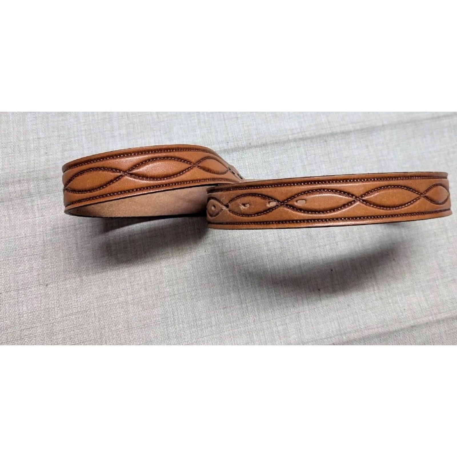 Vintage VINTAGE USA MADE TOOLED belt Geometric Western Buckle 36 Brown Leather Steerhide Mens Belt Size 36 - 3 Thumbnail