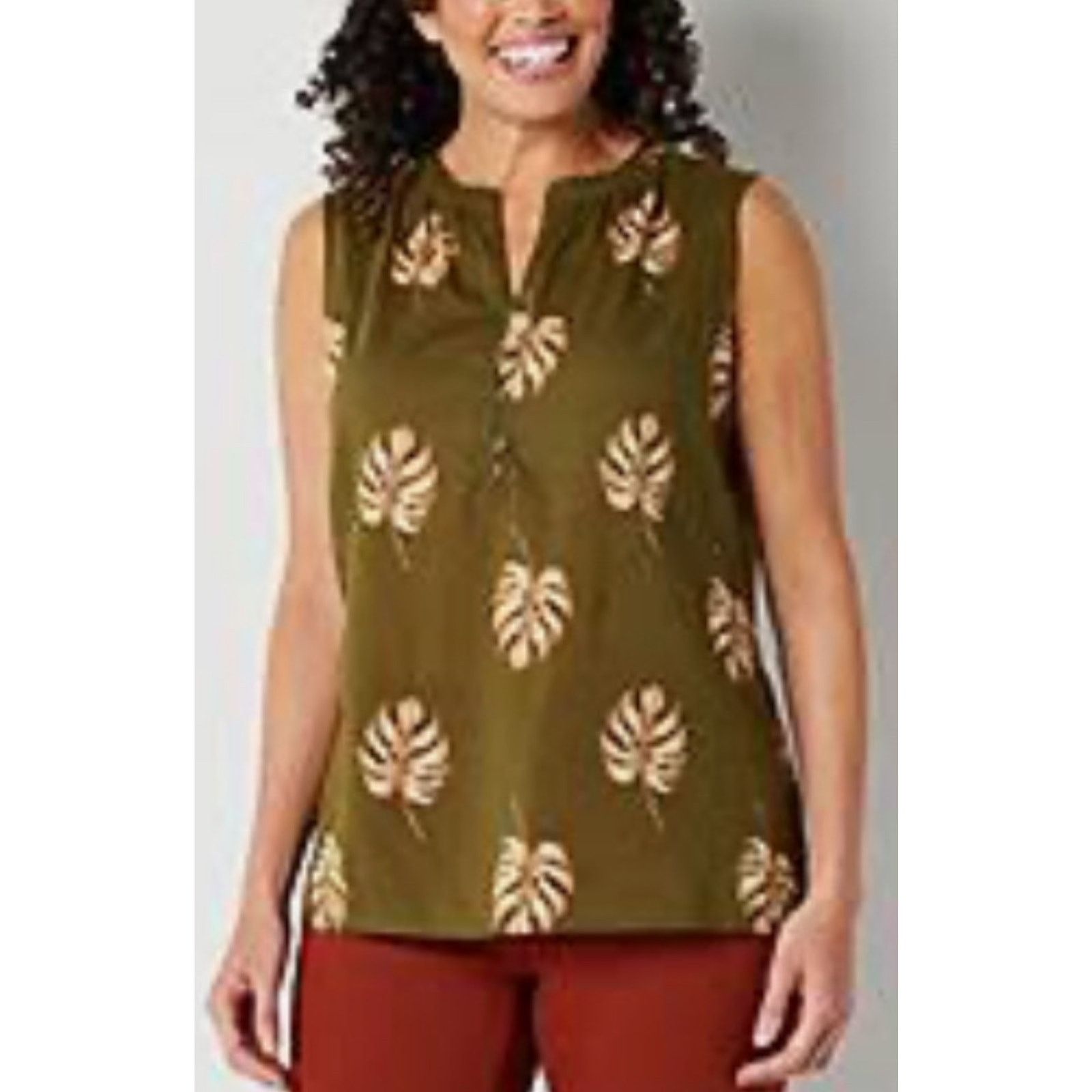 Liz Claiborne Sleeveless Y Neck Woven Olive Grove Leaf Floral Blouse Top S Size S / US 4 / IT 40 - 1 Thumbnail