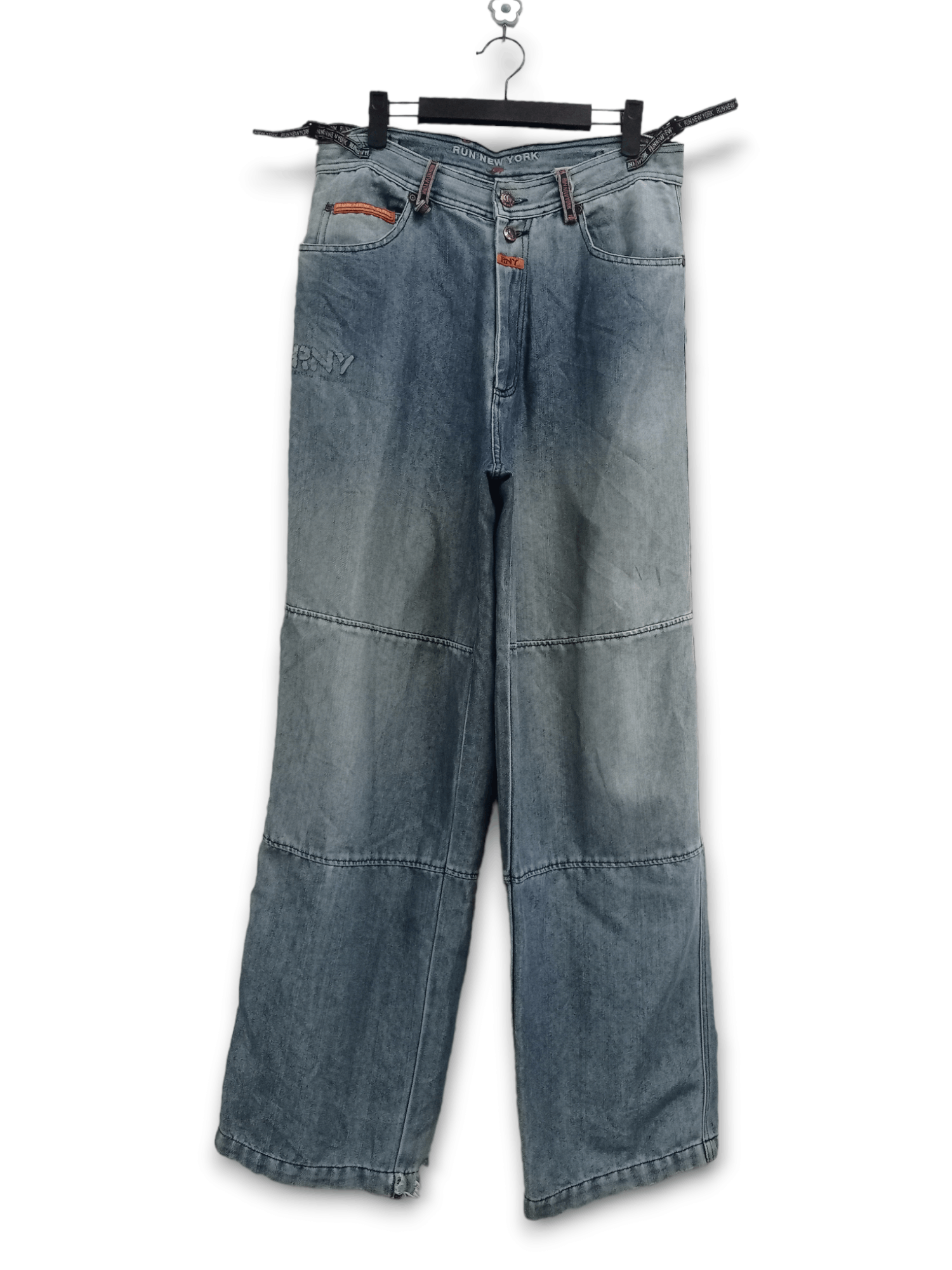 Japanese Brand Vintage Run New York Blue Wash Side Adjusters Baggy Jeans Size US 31 - 1 Thumbnail