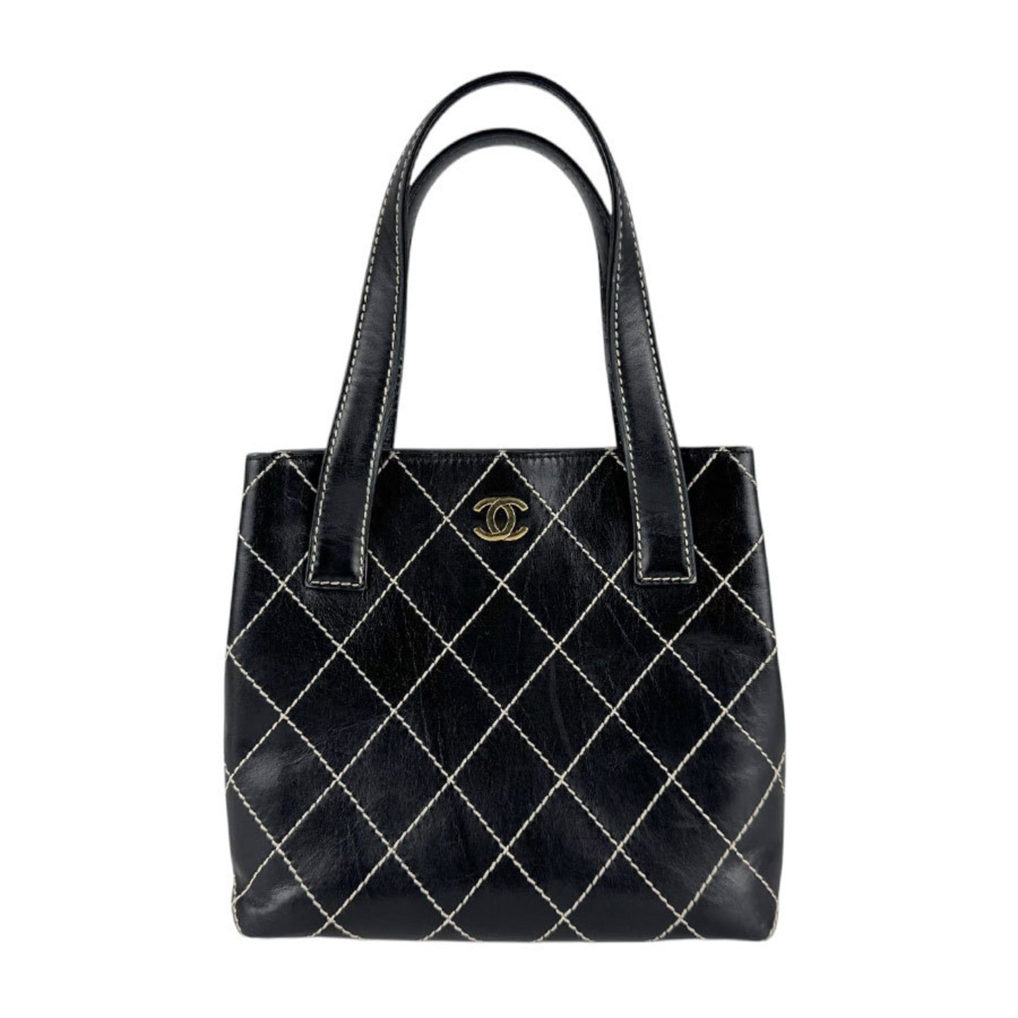 CHANEL Wild Stitch Leather Handbag Black Women's z8002
