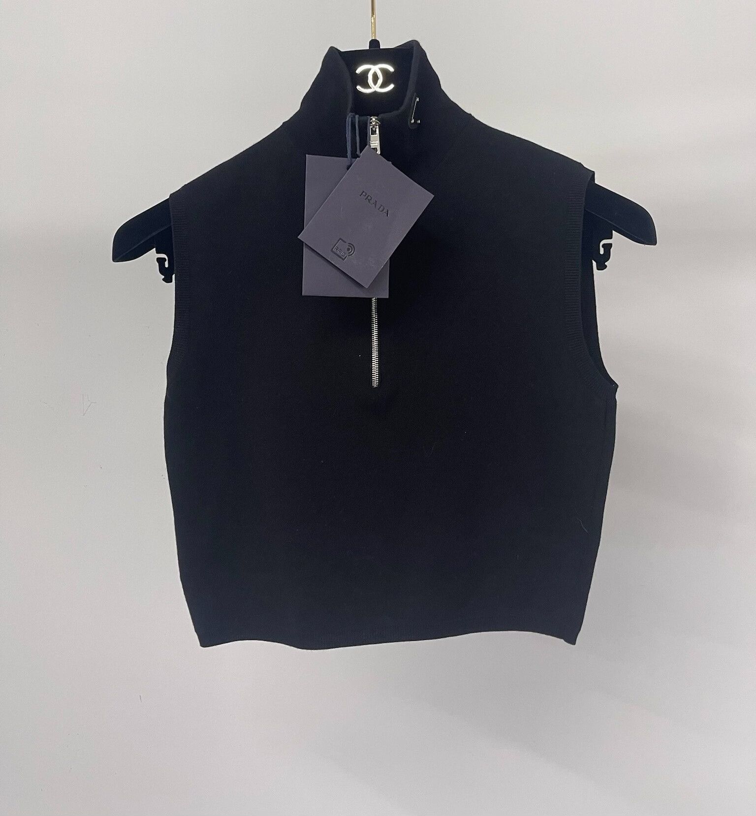 Prada Black Triangle Logo Turtleneck Sleeveless Top
