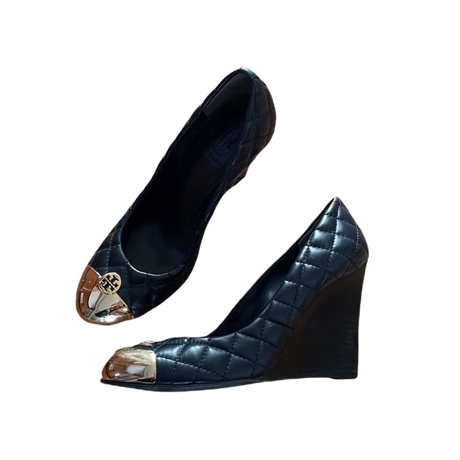 Tory Burch Tory Burch Kaitlin black quilted gold leather wedge 7 Size US 7 / IT 37 - 1 Thumbnail