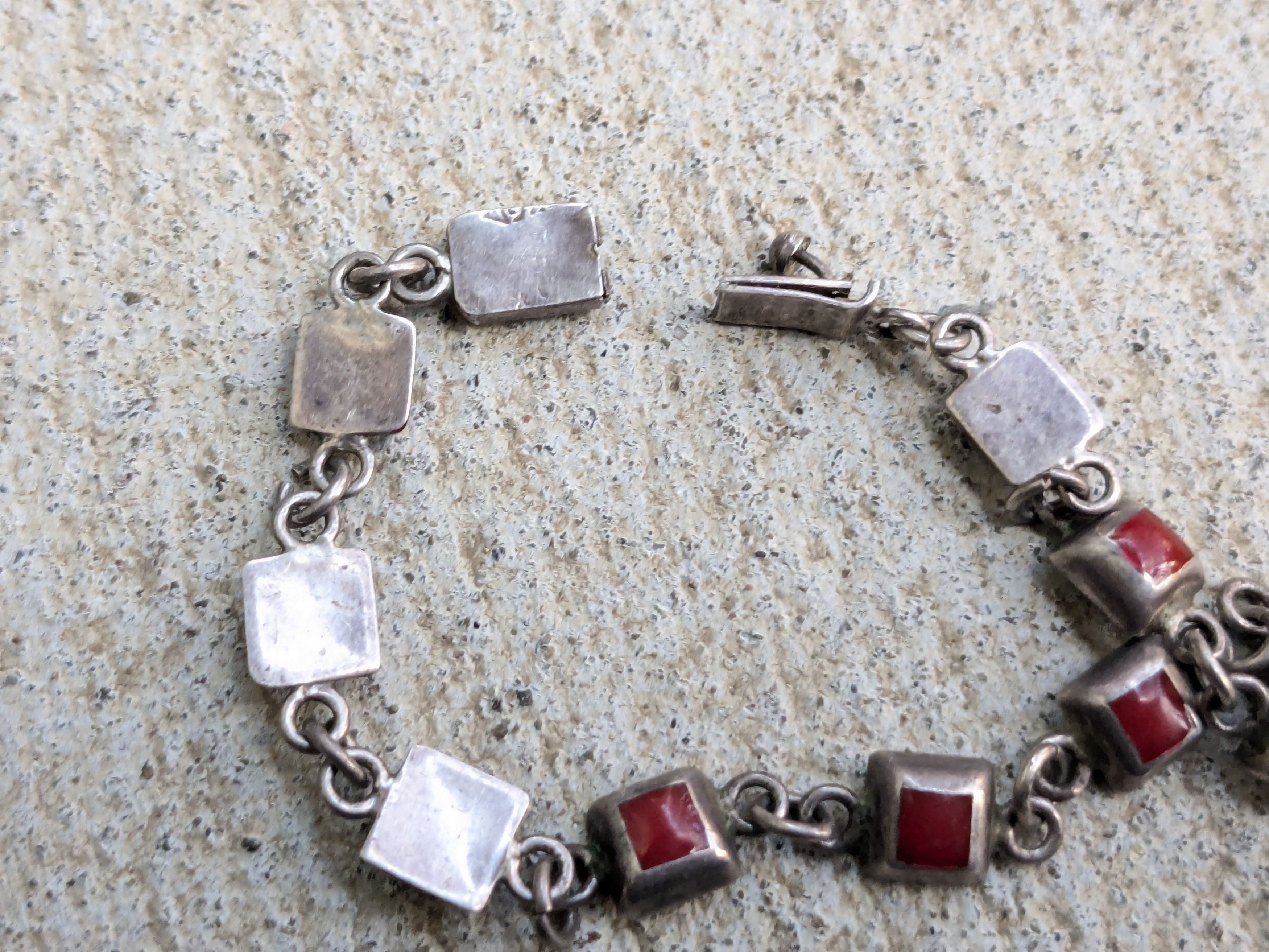 Jewelry Vintage Sterling Silver Bracelet Red Enamel Square Mexico Size ONE SIZE - 6 Thumbnail