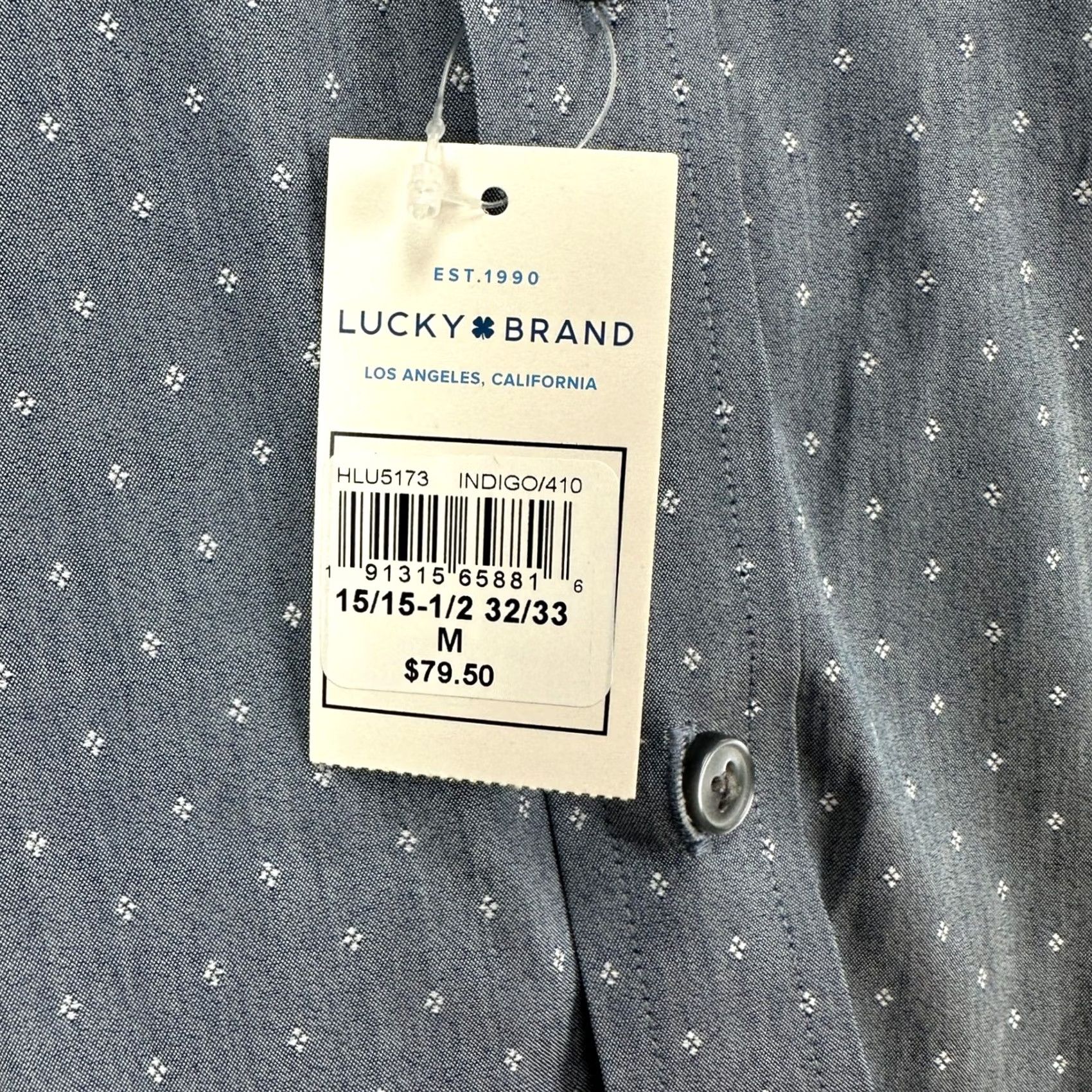 Lucky Brand Lucky Brand Mens Dress Shirt Medium 15-15.5 32/33 Indigo Slim Fit NEW Shirt Mens Medium Indigo Geometric Pattern Button-Down 32/33 15-15.5 Size 40R - 7 Thumbnail
