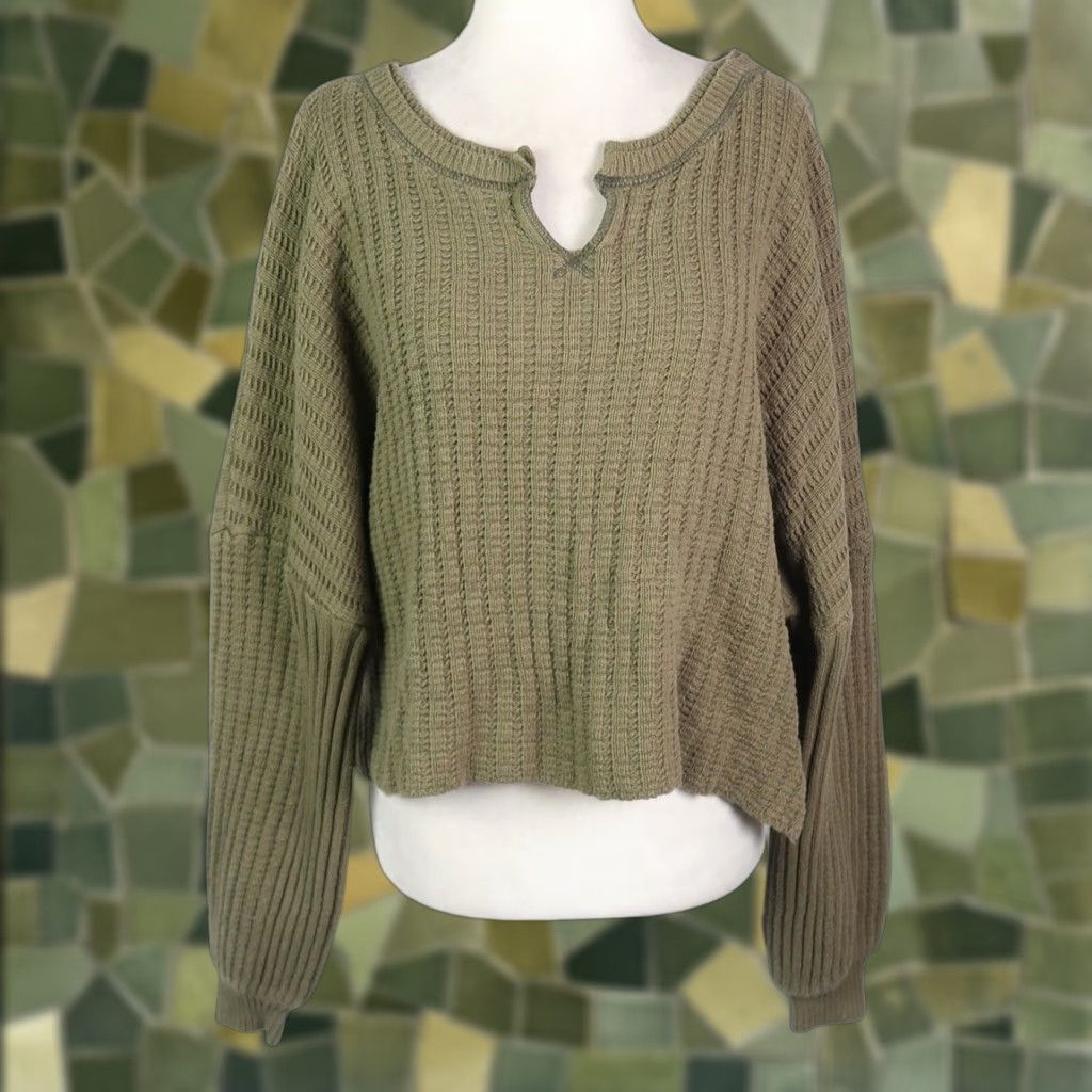 Bdg BDG Urban Outfitters Olive Green Notch Neck Pullover Sweater S Womens Knit Cotton Acrylic Long Sleeve Solid Casual Fall Winter Spring Size S / US 4 / IT 40 - 1 Thumbnail