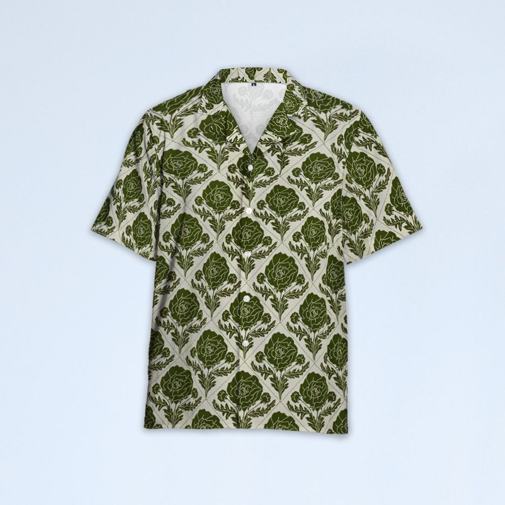 Designer × Vintage Lesley Flower Tile Shirt – Vintage Green & Ivory Pattern Size US L / EU 52-54 / 3 - 1 Thumbnail