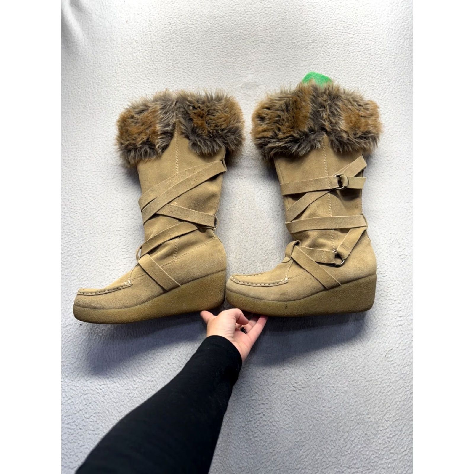 Vintage Report Tan Faux Fur-Trimmed Knee-High Wedge Boots #136B Womens 8 Bootie Tan Faux Fur Trim Knee-High Wedge Boots Report 136B Size US 8 / IT 38 - 7 Thumbnail