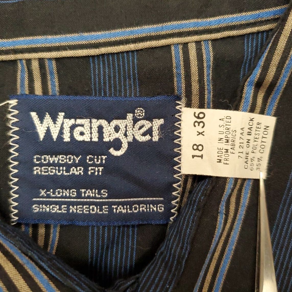 Wrangler VINTAGE Wrangler Shirt Mens 2XL Blue Stripe Pearl Snap X Long Tail Cowboy Made in USA Shirt Polyester Blend with Pockets Cowboy Western American Mens Size US XXL / EU 58 / 5 - 3 Thumbnail