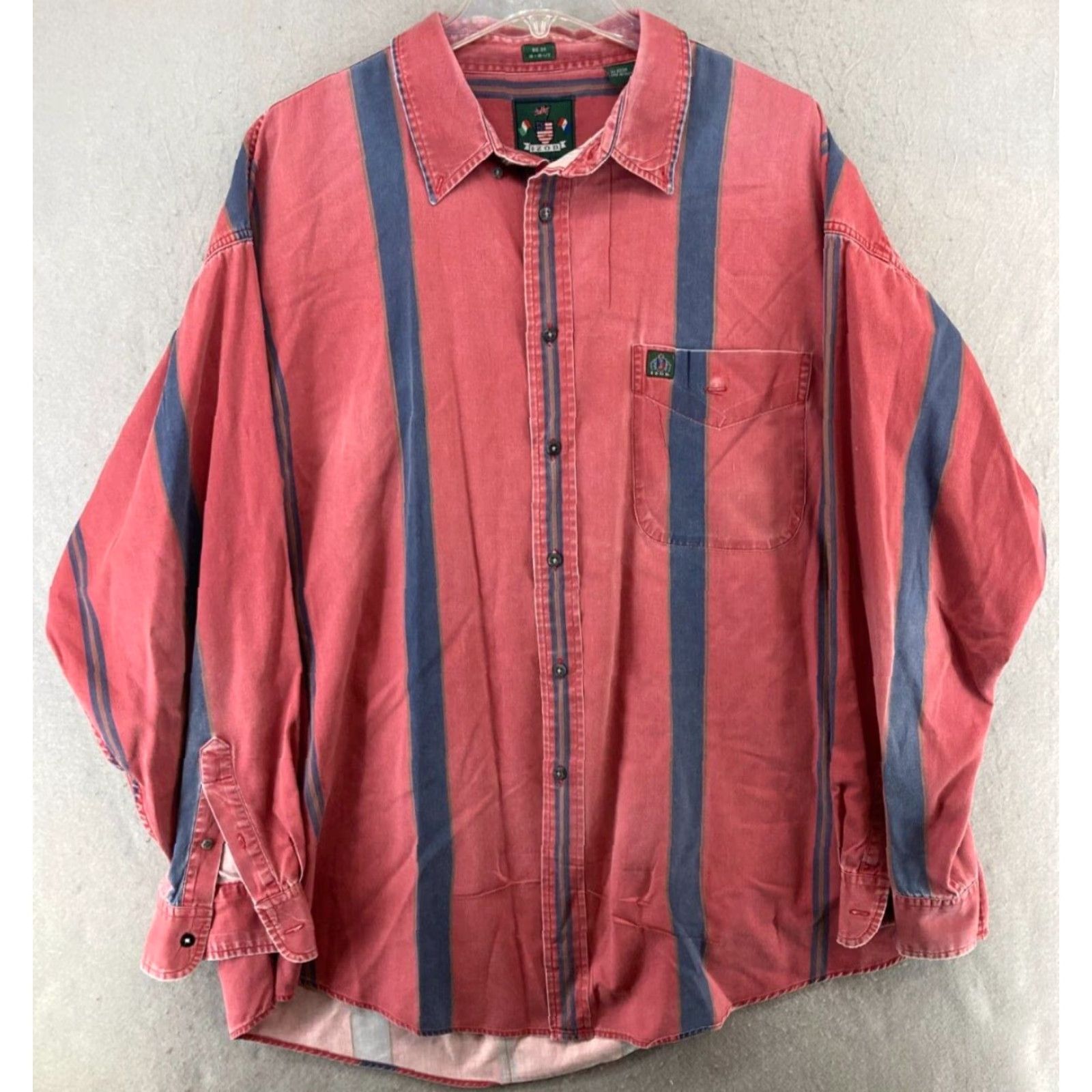 Izod VINTAGE IZOD Shirt Big 2X Mens Button-Up Striped Cotton Red Blue 90s Pocket Long Sleeve Collared Business Casual Travel Size US XXL / EU 58 / 5 - 2 Thumbnail