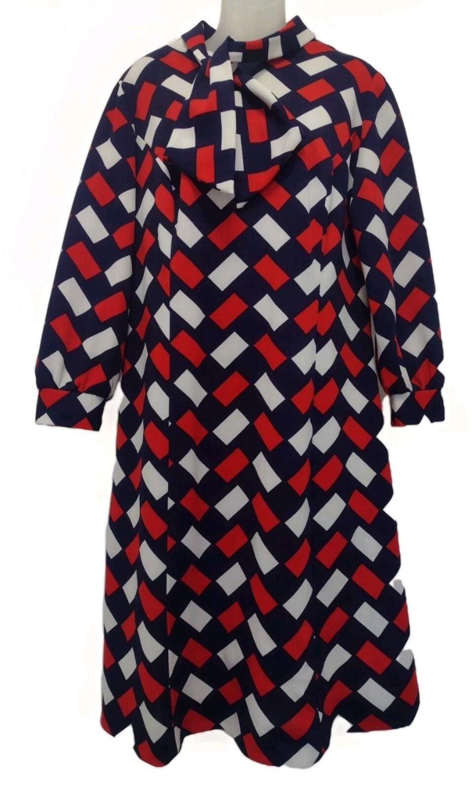 Handmade VTG 70s Gracie Square Geo Print Polyester Dress XL Tie Neck Size XL / US 12-14 / IT 48-50 - 1 Thumbnail