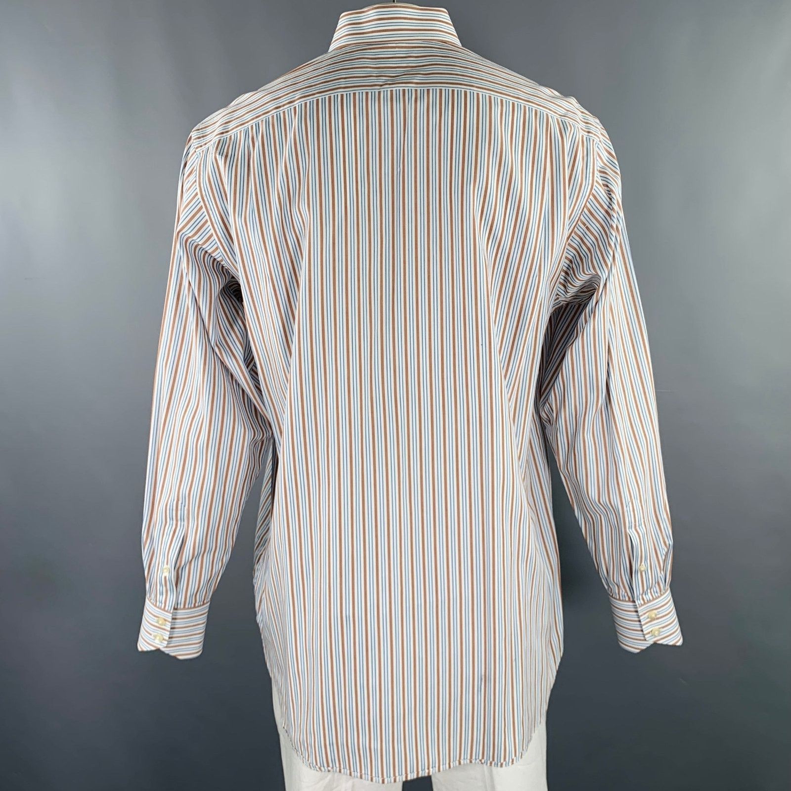 Thomas Dean White Blue Brown Stripe Cotton Oversized Long Sleeve Shirt Size US L / EU 52-54 / 3 - 4 Thumbnail