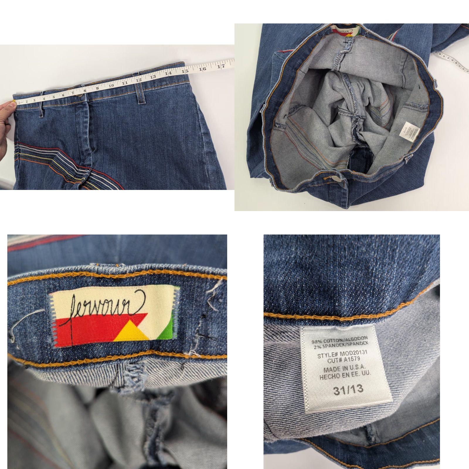 Vintage Fervour Jeans Womens Flared High Rise Denim 31/13 13 Blue Rainbow Hippie Baggy Embroidered Logo USA Size 34" / US 12 / IT 48 - 8 Thumbnail