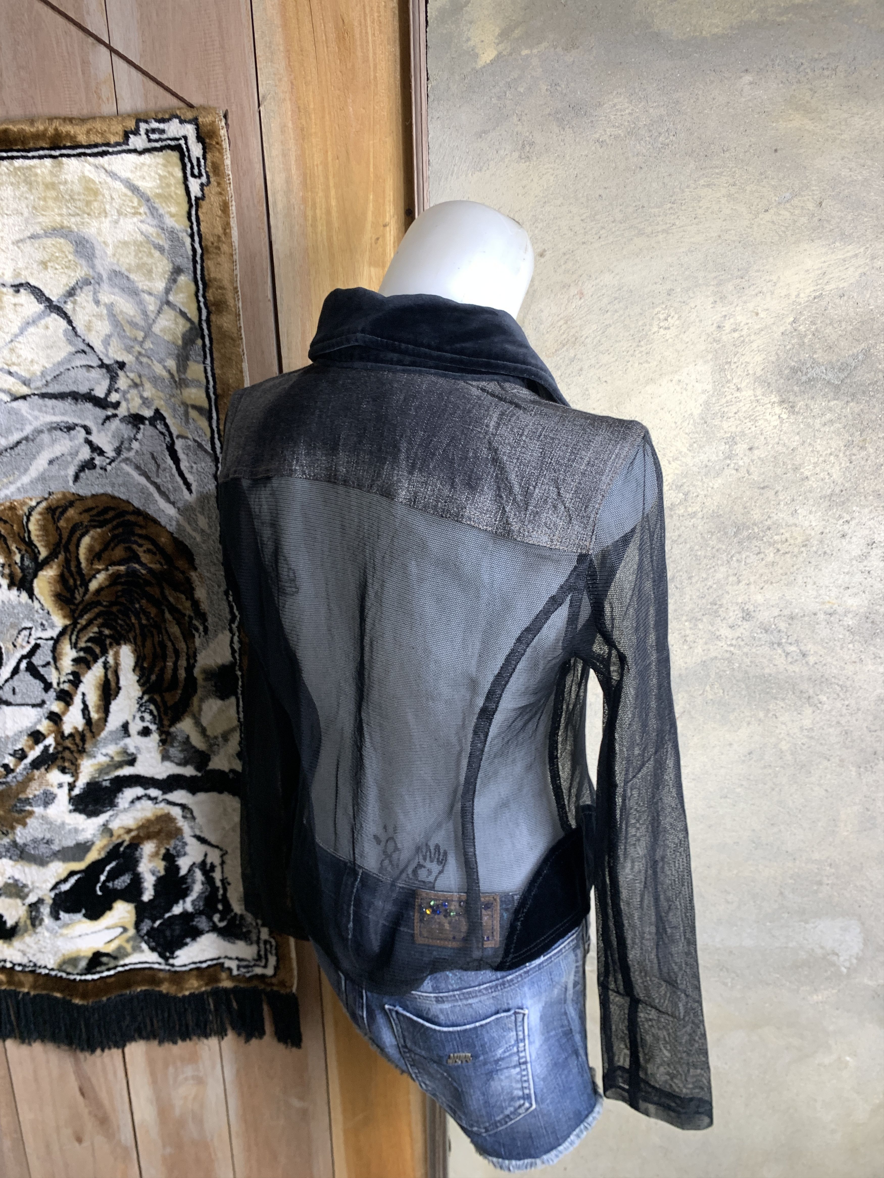 Japanese Brand Intellection Black Multi Fabric Fitted Trucker Jacket (M) Size M / US 6-8 / IT 42-44 - 3 Thumbnail
