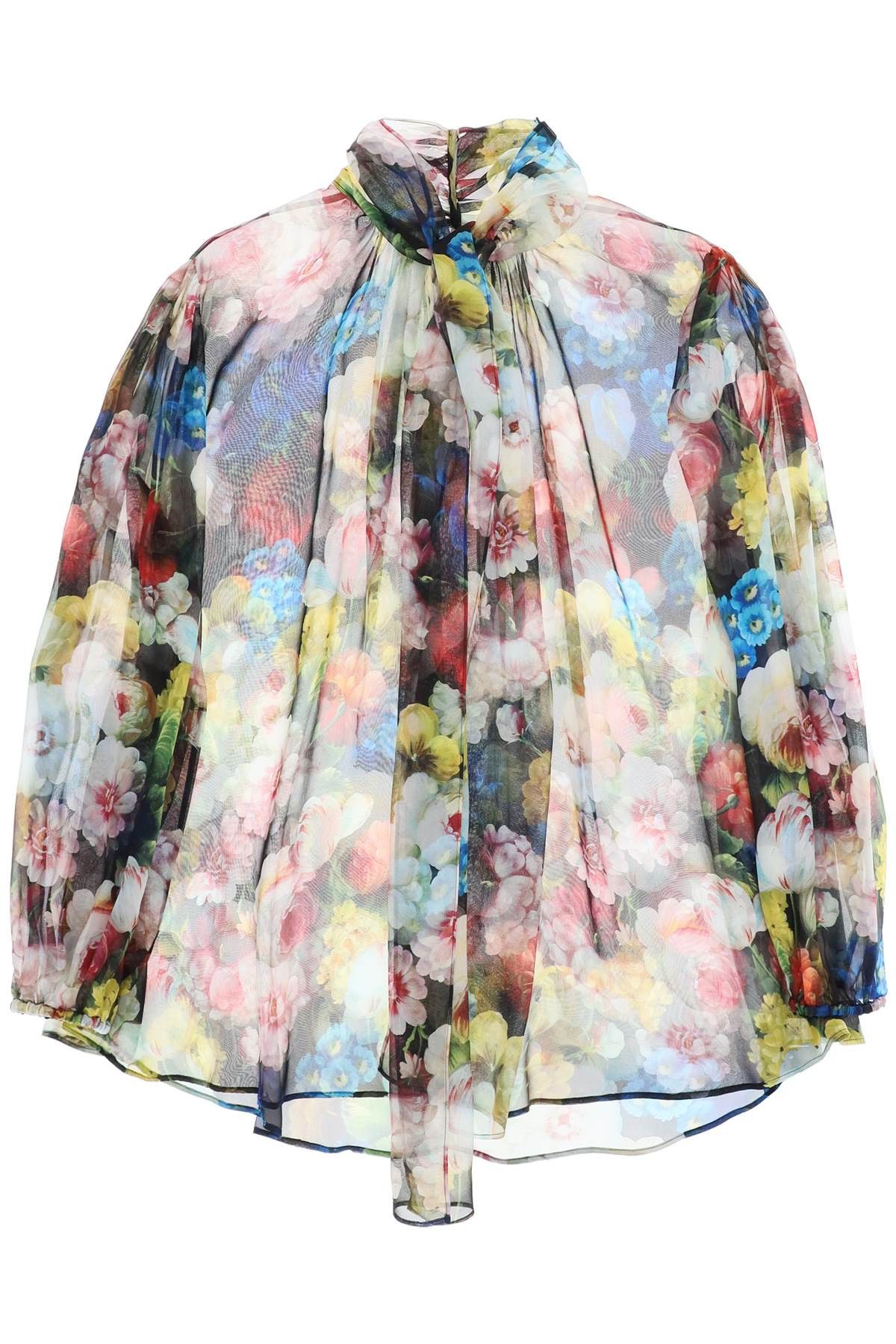 image of Dolce Gabbana Nocturnal Flower Lavallière-Tie Blouse in Fiore Notturno F Ner, Women's (Size Large)