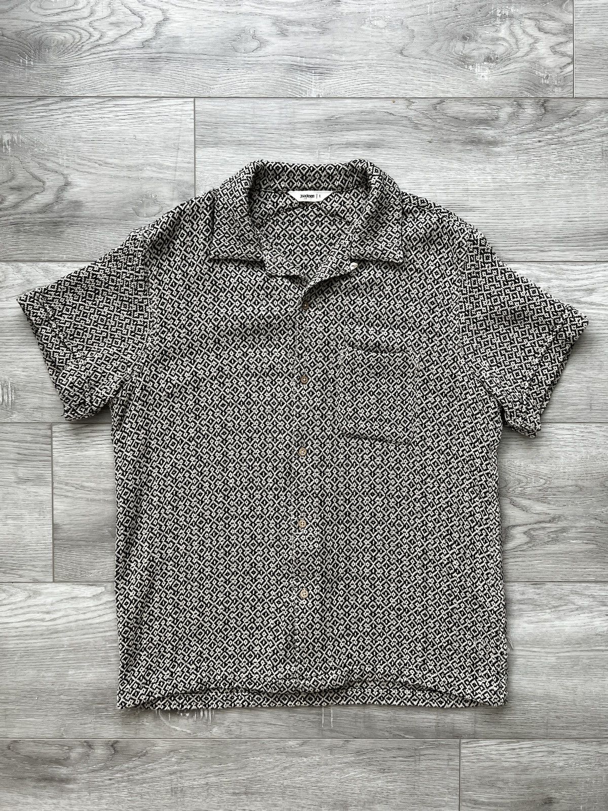 image of 3Sixteen Vacation Camp Collar Knit Shirt Cream Jacquard L in Black Cream, Men's (Size Large)