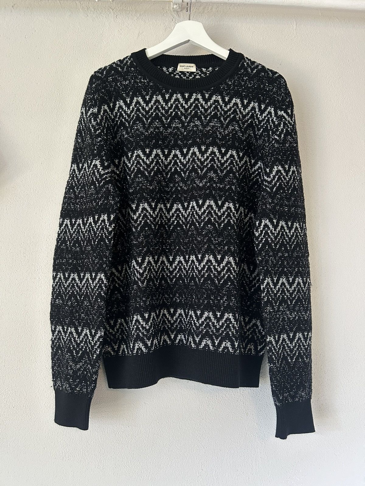 Saint Laurent Paris Black/Silver Zig-Zag Knit Sweater Size US XXL / EU 58 / 5 - 2 Thumbnail