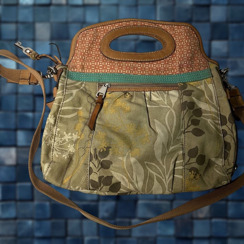 Fossil Fossil Key Purse Satchel Bag Large Canvas Tote Tan Floral Bohemian With Strap - Fossil Satchel Bag, Bohemian Floral Canvas Tote, Key Purse, Tan Strap Size ONE SIZE - 1 Thumbnail